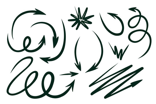 Hand drawn doodle arrow collection with curved, looping and directional arrows plus decorative symbols for presentations, infographics, annotations, social media and creative business design