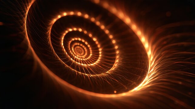 A glowing amber geometric spiral expands from the center against a dark background, showing the fibonacci spiral growth pattern in 3D.