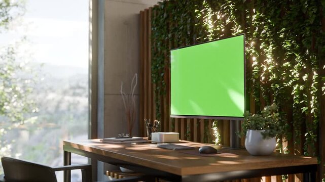 Computer PC Monitor Green Screen in Modern Concrete Office Workspace with and Indoor Plants - Looping Video, Perspective View
