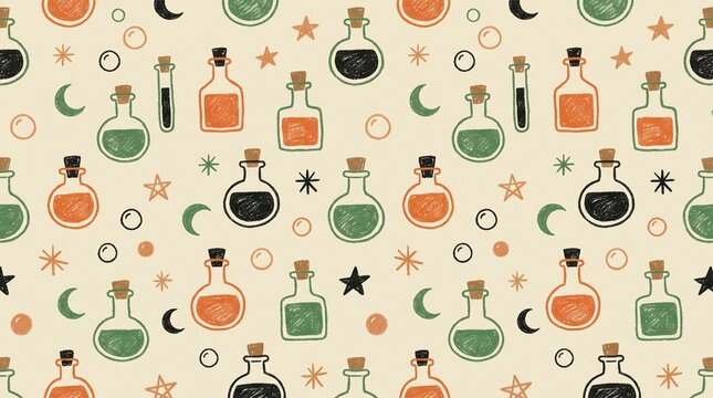 Magic potion bottles seamless pattern, mystical alchemy glass jars with stars and moons, hand drawn apothecary illustration on beige background, witchcraft wallpaper