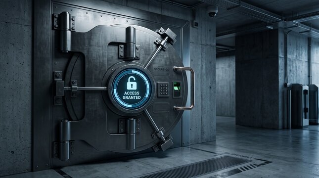 Secure bank vault door with digital access granted lock screen and keypad