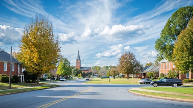 A rural town square with a small park, a church steeple in the background, and a few cars parked along the road.