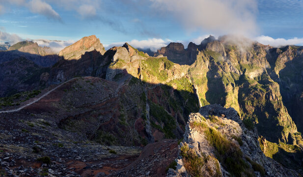 Mountain landscpape panorama at sunrise over clouds in Madeira Island, Pico Arieiro, Portugal