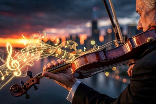 Elderly man playing violin with glowing musical notes