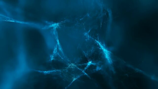 Glowing Microscopic Fiber Particles Forming Abstract Blue Network of Light Energy in Dark Space For Advanced Scientific Research Visualization