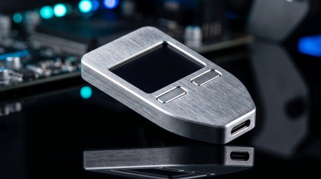 Sleek metallic hardware monitor tool resting on dark surface
