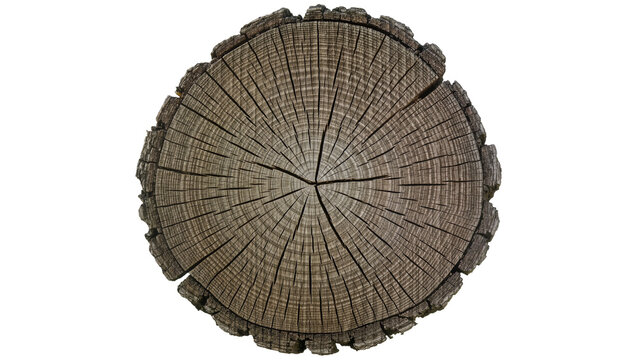 Rough textured tree stump cross-section with visible growth rings, isolated on transparent background