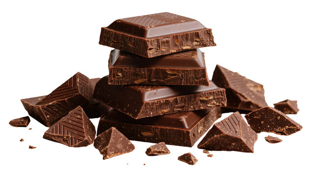 Dark chocolate bar pieces stacked and scattered, isolated on transparent background
