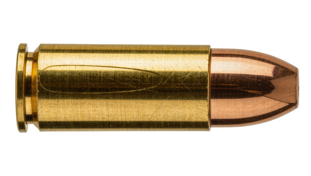 Brass bullet casing with copper projectile, isolated on transparent background