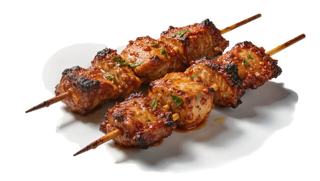 Grilled meat skewers with glaze and herbs, isolated on transparent background