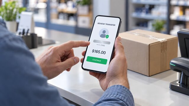 Customer using smartphone app to review and continue a financial transfer of 165.00 at a retail checkout counter with a package and scanner