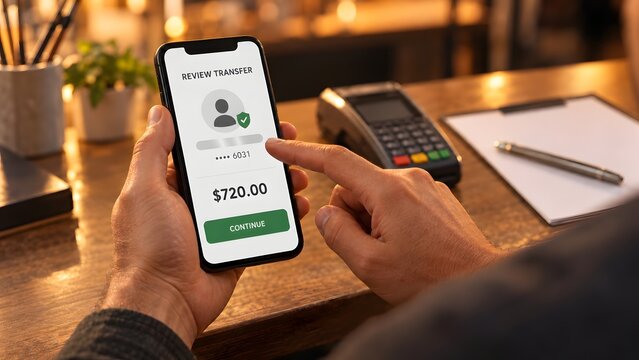 Person reviewing a mobile banking app transaction for 720.00 with a point of sale terminal and clipboard in the background