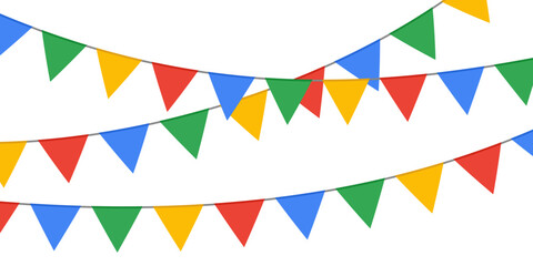 Fototapeta premium Colorful festive pennant garlands with triangular flags creating cheerful party atmosphere vector illustration collection. Bright birthday bunting banners for a festive decor background.