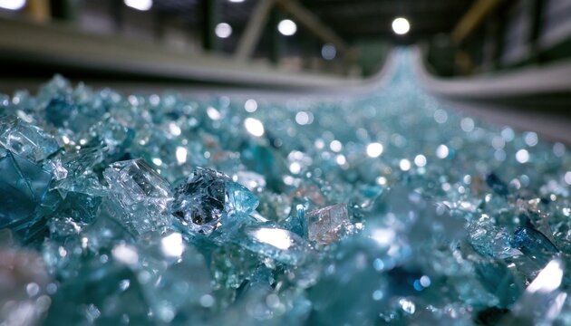 Pile of broken blue glass shards in recycling facility