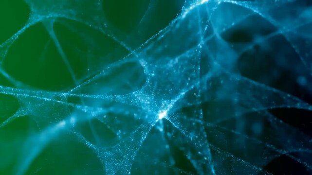 Glowing Microscopic Fiber Particles Forming Complex Neural Network Structures in Deep Blue Scientific Research For Biomedical Technology Visualization
