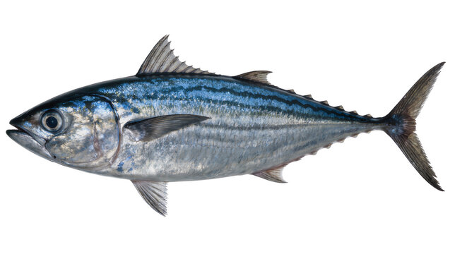 Scomberomorus maculatus fish with blue stripes and silver scales, isolated on transparent background