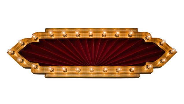 Ornate golden marquee sign with red velvet curtain illuminated by bulbs, isolated on transparent background