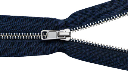 Dark blue fabric zipper partially open with silver metal slider, isolated on transparent background © Viktor