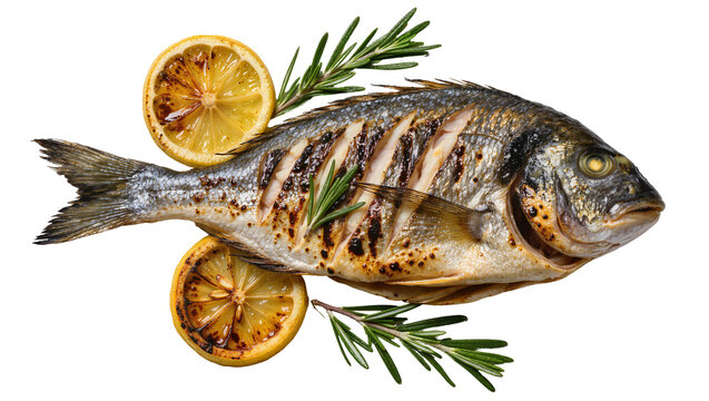 Whole grilled dorado fish with charred lemon slices and rosemary sprigs, isolated on transparent background
