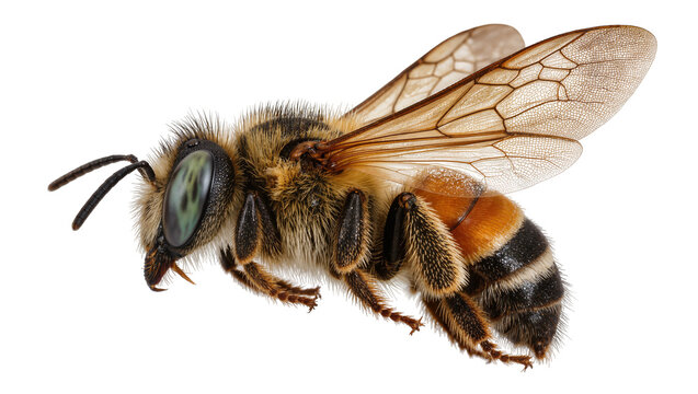Detailed macro view of a fuzzy honey bee with striped abdomen, isolated on transparent background