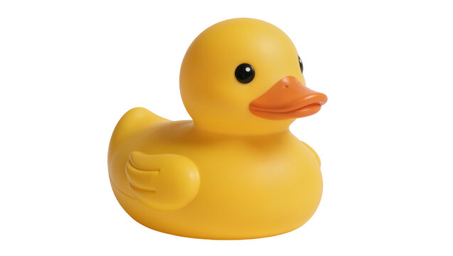 Classic yellow rubber duck toy with orange beak, isolated on transparent background