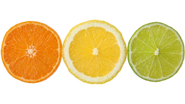 Orange lemon and lime slices arranged in a row, isolated on transparent background