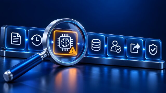 Magnifying glass over digital interface icons for AI data and security representing digital analysis and system monitoring