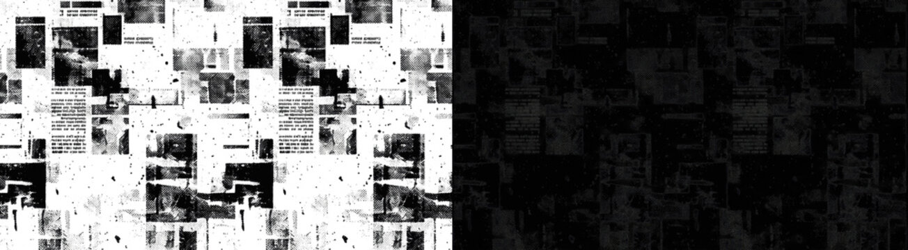 Distressed halftone newspaper texture with vintage grain and abstract glitch typography, grunge black and white grainy overlay pattern for urban poster, streetwear branding, and retro editorial design