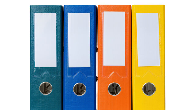 Four colorful ring binders with blank labels, isolated on transparent background