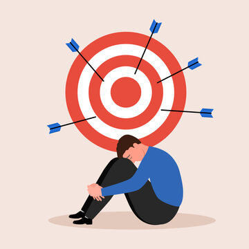 Discouraged man clutching head standing near darts board after failed attempts to hit target. Concept problems in business due to inability to complete task or KPI. Flat vector illustration