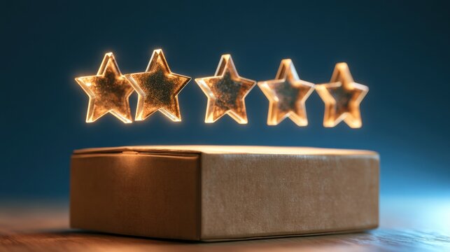 A glowing five-star rating hovers above a generic product box in a bright setting, highlighting the idea of trust and quality.