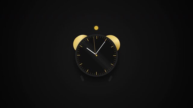 A sleek, premium matte black and gold alarm clock with smooth floating and ringing animations.