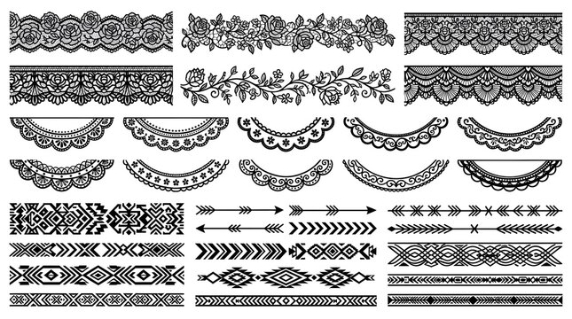 Vintage black lace borders and ethnic tribal dividers, decorative floral lace trim set, ornamental bohemian frame elements for wedding invitations