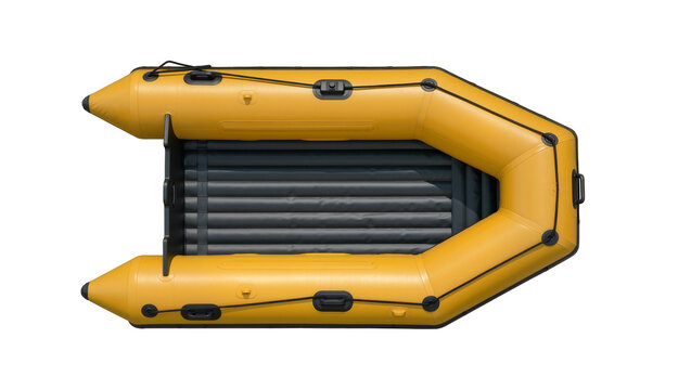 Yellow inflatable raft with black accents and grey floor, isolated on transparent background