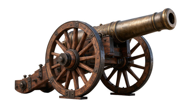 Antique bronze cannon with wooden wheels, isolated on transparent background