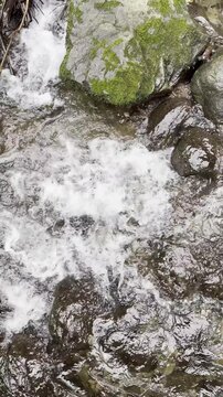 Vertical close-up of powerful rushing water in a mountain river.
