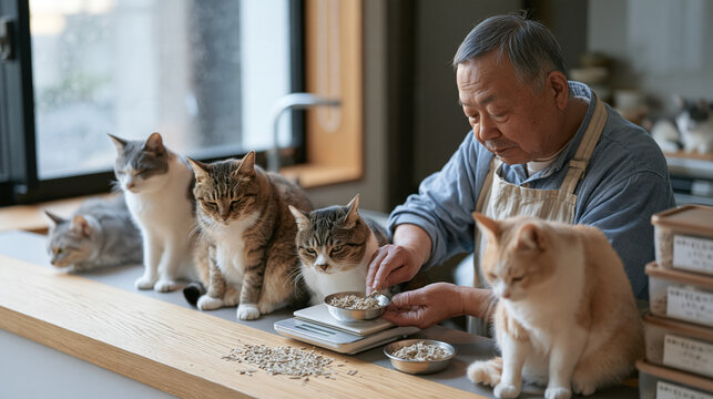 Multiple cats arranged at different heights across a rain soaked windowsill while their owner carefully weighs dry food portions on a kitchen scale, a stack of labeled feeding