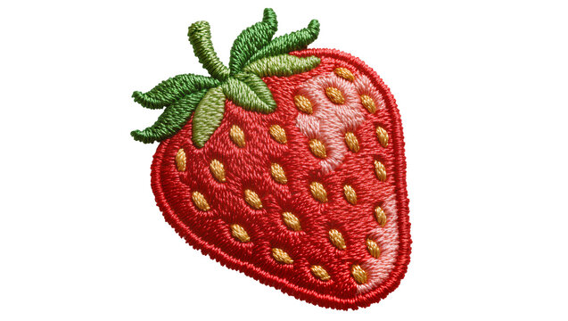 Embroidered red strawberry with green leaves, isolated on transparent background
