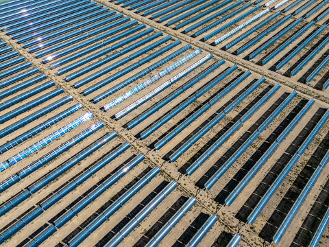 arranged parabolic trough solar thermal power plant in desert