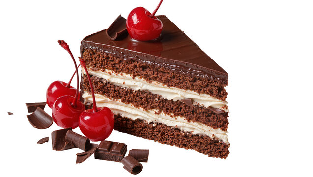 Decadent chocolate cake slice with whipped cream and cherries, isolated on transparent background