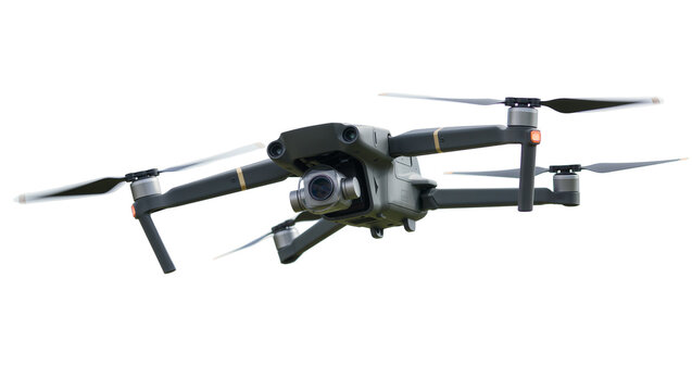 Dark grey drone with camera and propellers, isolated on transparent background