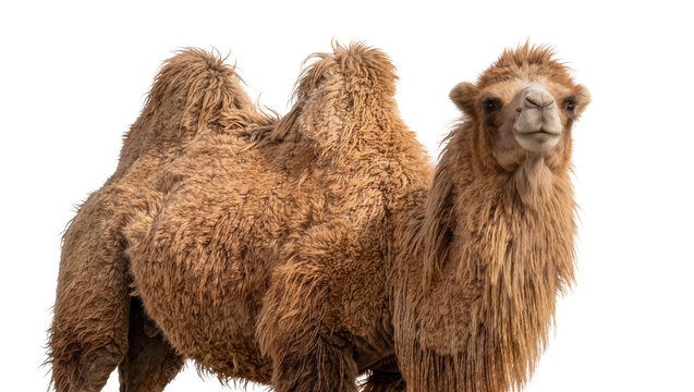 Fluffy brown Bactrian camel with two humps, isolated on transparent background