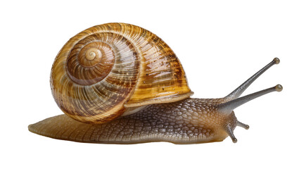 Brown spiral shell garden snail with textured body, isolated on transparent background © Maria