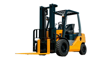 Yellow and black industrial forklift with raised forks, isolated on transparent background © Maria