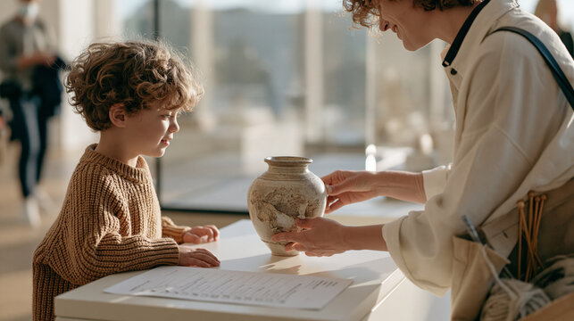 Young child watches a museum docent reassemble a fragile ceramic exhibit piece under golden hour light, a printed checklist being steadily ticked off beside the display, knitting