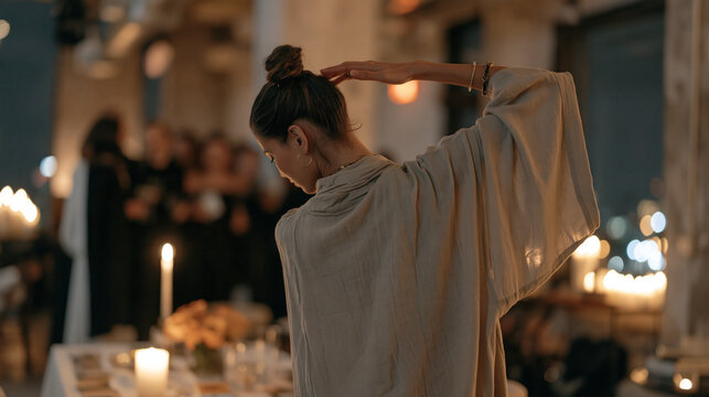 Tarot reader stretching gently before beginning a Valentine's Day private session, a single candle lit beside a rose arrangement on the table, a diverse group of colleagues
