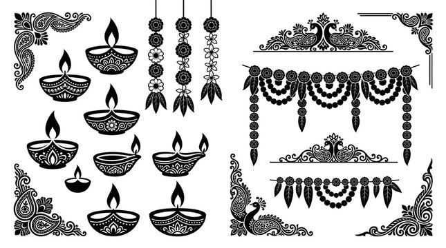 Diwali decorative elements set, black and white Indian festival icons, traditional diya oil lamps and floral toran garlands, ethnic paisley borders