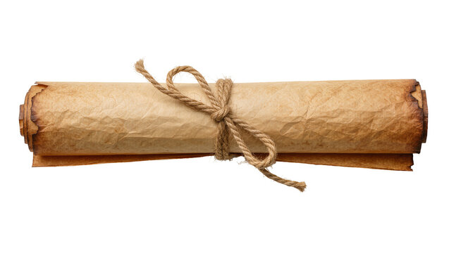 Rolled aged parchment scroll tied with rough twine, isolated on transparent background