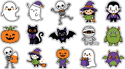 Fototapeta premium Halloween-themed flat icons set featuring jack-o'-lantern, ghost, and bat with editable strokes for seasonal marketing
