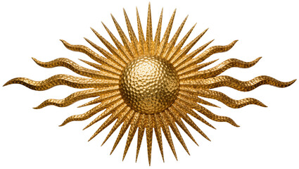 Fototapeta premium Hammered golden sunburst sculpture with wavy rays, isolated on transparent background